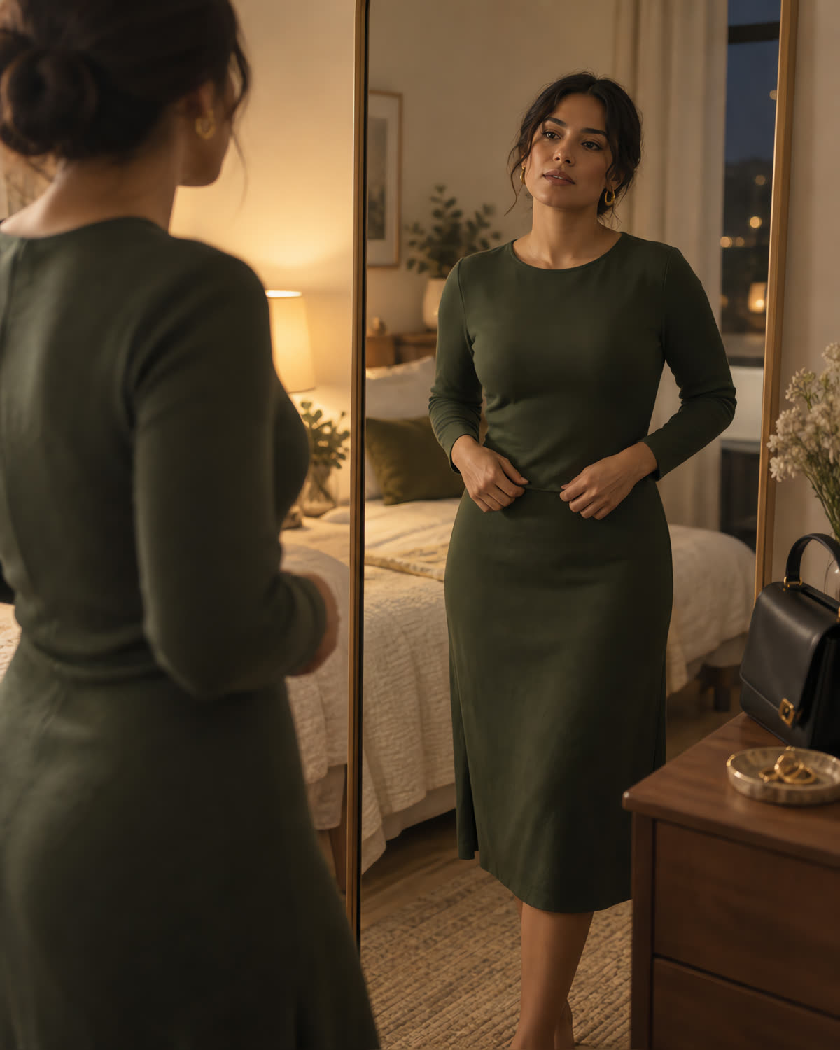 Mujer frente al espejo acomodandose el vestido antes de salir