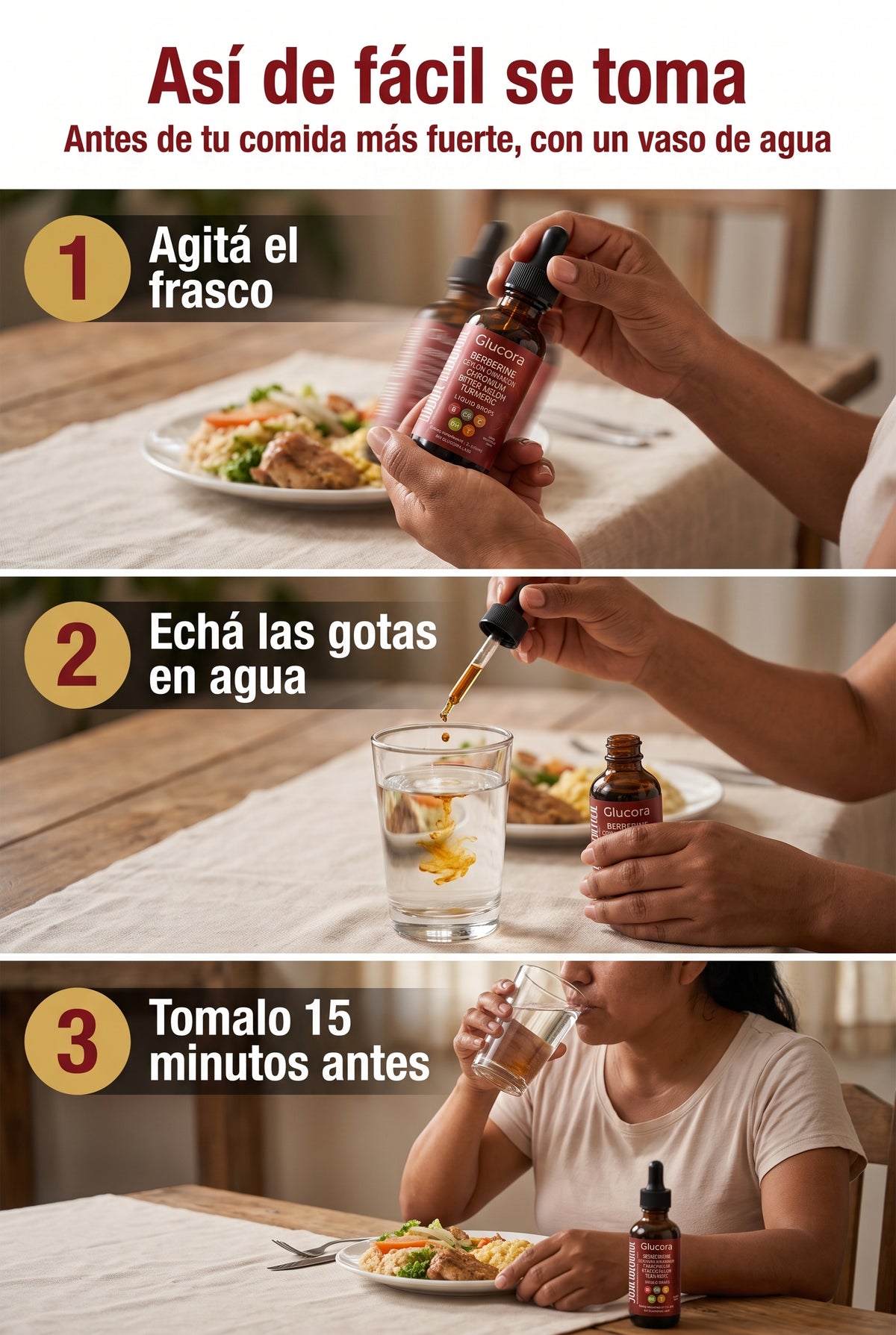 Agitá, echá las gotas en agua y tomalo 15 minutos antes