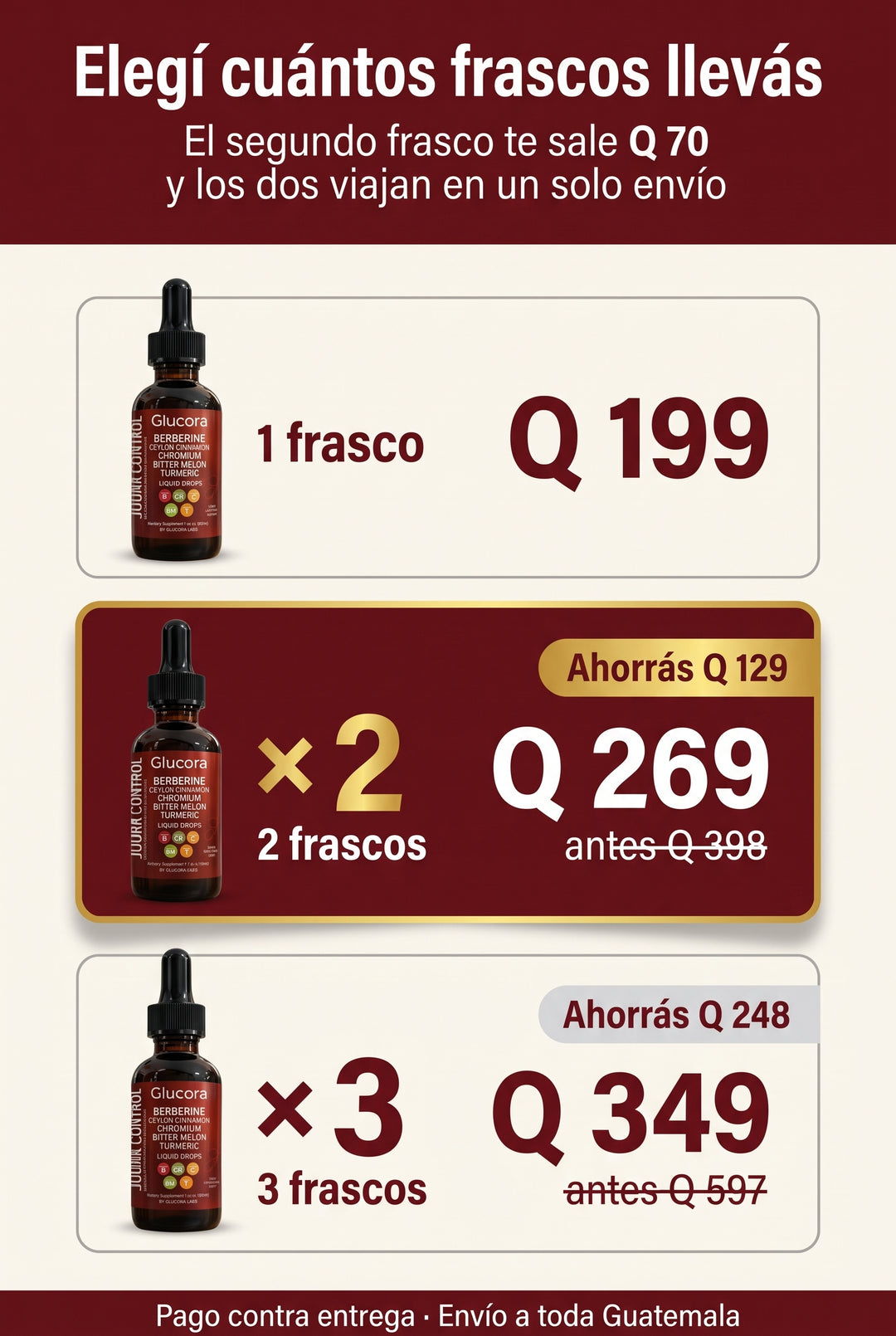 1 frasco Q199 · 2 frascos Q269 · 3 frascos Q349